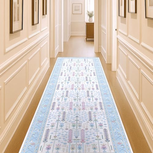 Fame Living Cream Blue Oushak Runner Rug, Modern Runners, Turkish, Eclectic, Pastel, Washable, Small Rugs, Short Runner for Hallway, Entryway, Laundry, Foyer, Bedroom, Kitchen, Bathroom, 2'5"x6'5" - color: 850crbl, size: 2'6" x 6'6" (Rectangular)