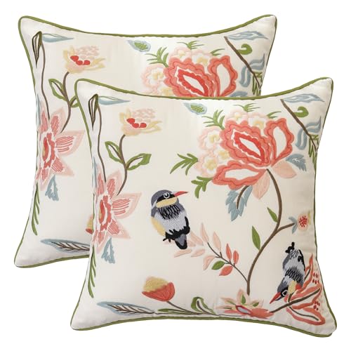 Embroidered Throw Pillow Covers 18x18 Pack of 2 Vintage Birds | Durable Fabric,Square Pillow Cover,Boho Decorative,Hidden Zipper,Aesthetic Design,Ideal Gift,Machine Washable - color: Vintage Birds With Pink Flowers