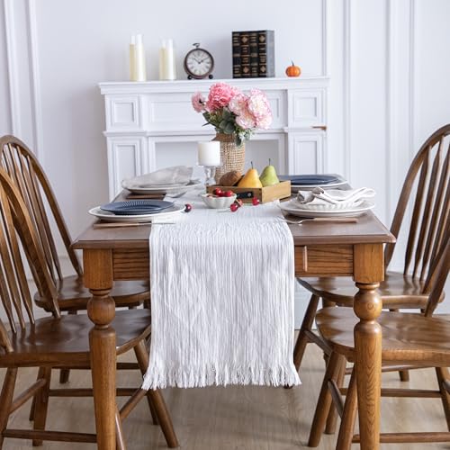 Simple&Opulence Linen Cotton Table Runner - 14 x 108 Inch, Farmhouse Linen Table Runner with Fringed Edges for Bohemian Rustic Wedding, Bridal Shower, Dinner （ White ） - size: 14"x108", style: White