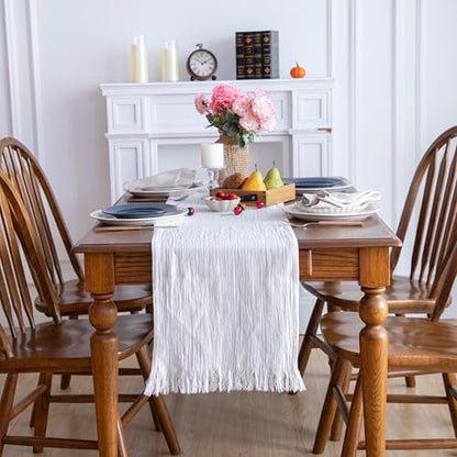 Simple&Opulence Linen Cotton Table Runner - 14 x 72 Inch, Farmhouse Linen Table Runner with Fringed Edges for Bohemian Rustic Wedding, Bridal Shower, Dinner （ White ） - size: 14"x72", style: White