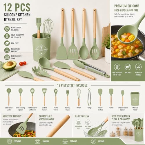 Caboh Silicone Kitchen Utensil Set 12 PCS – Heat Resistant Cooking Tools with Spatula, Serving Spoon, Tongs, Whisk & Holder, Nonstick Safe BPA-Free Kitchen Accessories Set (Light Green) - color: Light Green