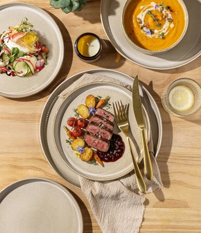 GBHOME Stoneware Dinnerware Sets for 4, 12 Pieces Plates and Bowls Set | Lightweight Ceramic Ribbed Dishes,Reactive Glaze Stackable Plate Set,Scratch Resistant,Microwave & Dishwasher Safe,Cappuccino - color: Cappuccino