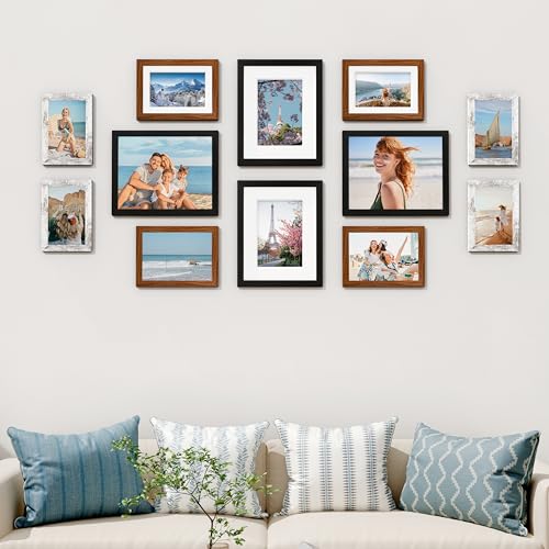 Vittanly 12 Pack Gallery Wall Frame Set, Picture Frames for Wall & Table | Gallery Wall Frame Set: 4pcs 8x10, 4pcs 5x7 & 4pcs 4x6 Photos, made of Engineered Wood, Black, Walnut Brown, Distressed White - color: Black & Walnut Brown & Distressed White