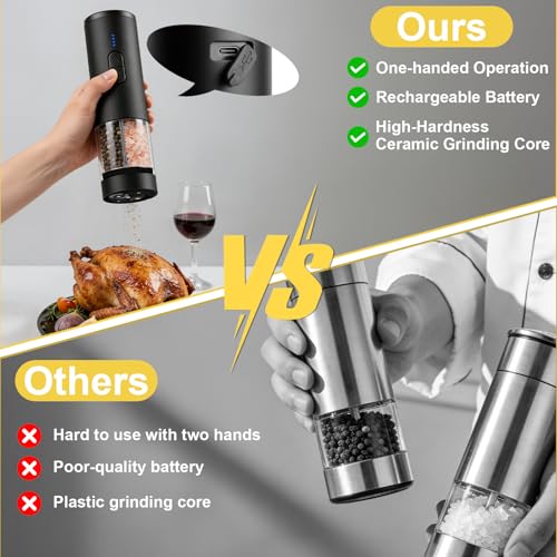 Electric Salt and Pepper Grinder Set, 2-in-1 Electric Salt and Pepper Grinder Set, USB-Rechargeable, Refillable Automatic Salt and Pepper Mill Shaker with LED Light, Kitchen Gift, Black