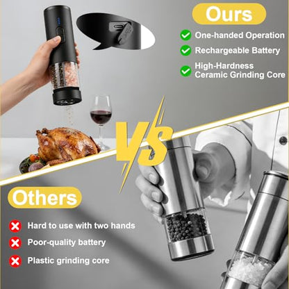 Electric Salt and Pepper Grinder Set, 2-in-1 Electric Salt and Pepper Grinder Set, USB-Rechargeable, Refillable Automatic Salt and Pepper Mill Shaker with LED Light, Kitchen Gift, Black
