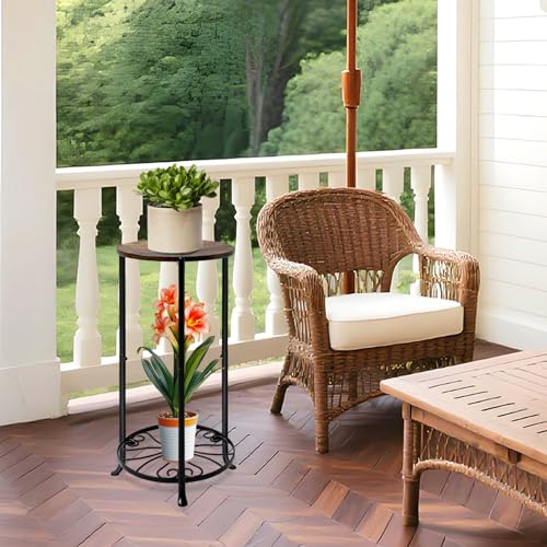 Plant Stand Indoor, 2-Tier Tall Wood & Iron Plant Stand, Heavy Duty Floor Plant Shelf Plant Rack for Patio Living Room Balcony Home Decor