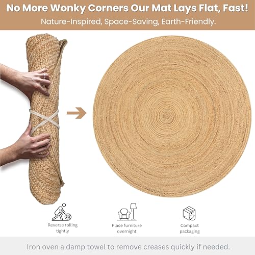 Hausattire Jute Braided Round Area Rug, Natural, 8 ft | 100% natural jute, hand woven, reversible, boho farmhouse style, bedroom/living room/kitchen use - color: Natural, size: 8' Round