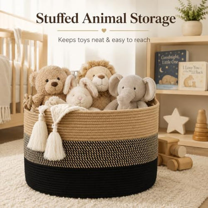 KAKAMAY Large Blanket Basket (20"x13"),Woven Rope Baskets for storage Baby Laundry Hamper, Cotton Rope Blanket Basket for Living Room, Laundry, Nursery, Pillows,Baby Toy chest (Jute/Black) - color: Black