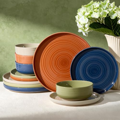 Dinnerware Set for 4, Ceramic Plates and Bowls, Multicolor | 12 pcs Speckled Spiral Coupe Dishes, Chip & Scratch Resistant Everyday Ceramics, Microwave & Dishwasher Safe, Farmhouse Style - color: Multicolor (Earthy Tones), size: Service for 4 (12pc)