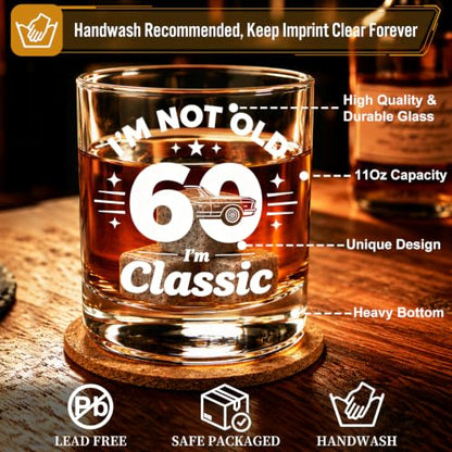60th Birthday Gifts for Men - "I'm Not Old I'm Classic" Whiskey Glass Set | 6 Whiskey Stones, Coaster, Pipette, Tongs & Greeting Card, Perfect 60th Birthday Surprise for Dad, Grandpa Who Loves Scotch - style: 60th Mens Gifts