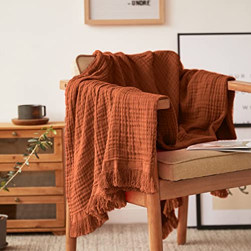 Simple&Opulence Cotton Muslin Throw Blanket for Bed, Couch, Knit Woven Gauze Blanket with Tassels, Soft Lightweight Cozy Pre-Washed Breathable Farmhouse Decoration for All-Season (Rust Orange) - color: Rust Orange