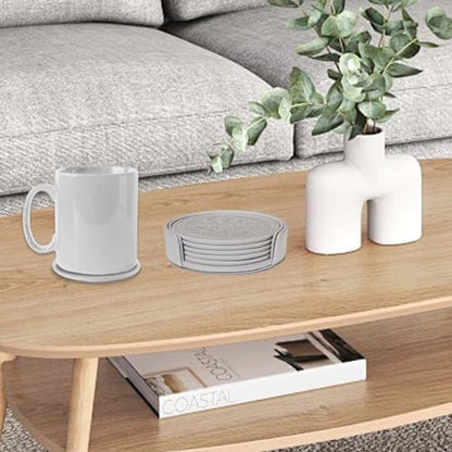 Coasters Set of 6 - PU Leather Coasters for Drinks with Holder - Silver - color: Silver