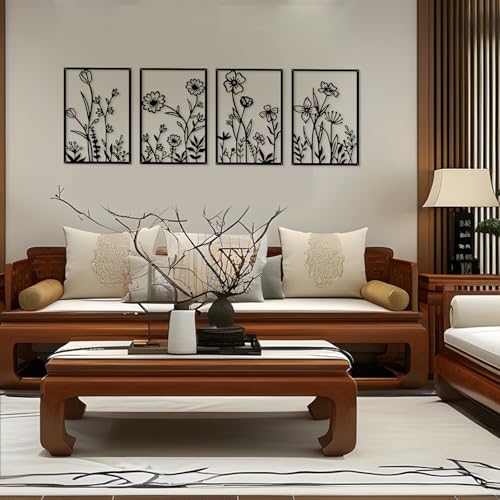 4 Pieces Abstract Black Metal Flowers Wall Sculptures for Home Decor, Contemporary Floral Wall Art Set, Modern Black Line Wall Hanging Decorations for Bedroom Living Room Bathroom,12 x 17 Inches