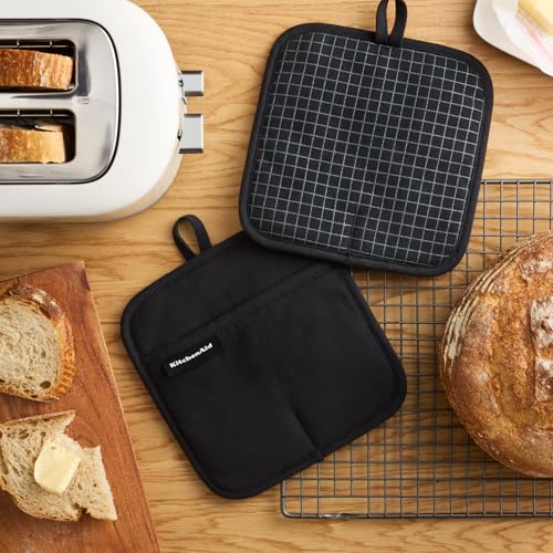 KITCHENAID Gourmet Series Gridlines Pot Holders 2-Pack Set, Heat Resistant up to 600°F, Soft Silicone Grip, Magnetic Cuff, Matte Black, 8"x8" - color: Matte Black
