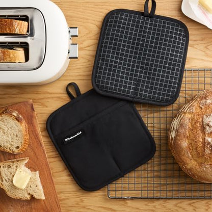 KITCHENAID Gourmet Series Gridlines Pot Holders 2-Pack Set, Heat Resistant up to 600°F, Soft Silicone Grip, Magnetic Cuff, Matte Black, 8"x8" - color: Matte Black