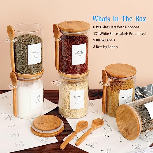 HHMJSM 6 Pcs Glass Jar with Bamboo Lid and Spoon - 17 oz Large Sugar Container with 148 Kitchen Pantry Spice Jar Labels Preprinted - Glass Containers with Wooden Lids Hold Coffee, Tea, Candy - color: 17oz