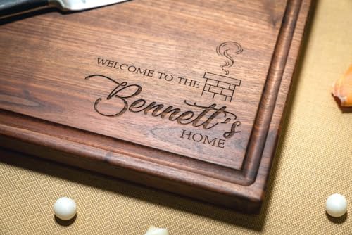 Personalized Hardwood Cutting Board - Housewarming, New Home, Real Estate Closing Gift - Best Gift Idea for Couples, New Homeowners, Family, Friends - USA Made - House with Chimney Design 106