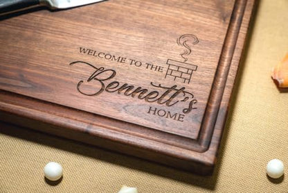 Personalized Hardwood Cutting Board - Housewarming, New Home, Real Estate Closing Gift - Best Gift Idea for Couples, New Homeowners, Family, Friends - USA Made - House with Chimney Design 106