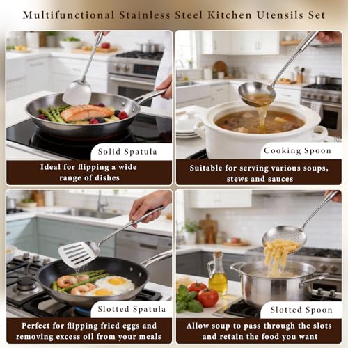 4-Piece Cooking Utensils Set, Stainless Steel Kitchen Utensils, Metal Kitchen Tools Include Solid & Slotted Turner Wok Spatula, Serving Spoon, Ergonomic Handle, Easy to Clean