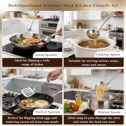 4-Piece Cooking Utensils Set, Stainless Steel Kitchen Utensils, Metal Kitchen Tools Include Solid & Slotted Turner Wok Spatula, Serving Spoon, Ergonomic Handle, Easy to Clean
