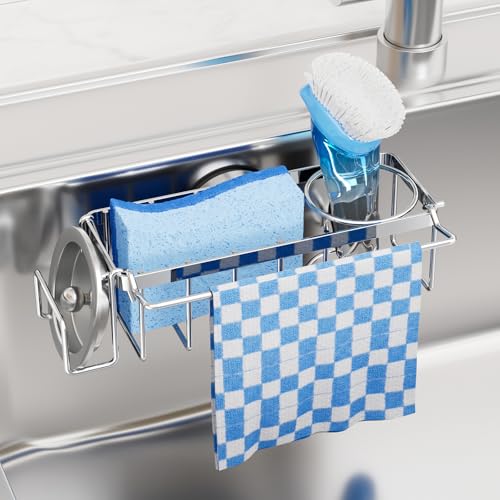 TAILI 4-in-1 Sink Caddy for Kitchen Sink with Strong Suction Cup-Silver | Removable Sponge Holder for Kitchen Sink Organizer, Rustproof 304 Stainless Steel Holder for Sponge, Brush, Scrubber, Scraper - color: Silver, size: 7.28" x 2.36"