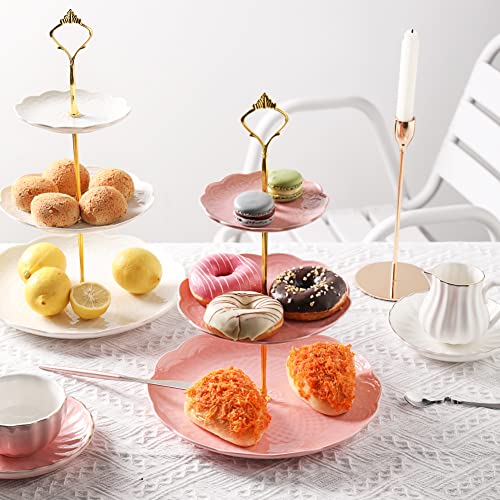 Sweejar 3 Tier Ceramic Cake Stand Wedding, Dessert Cupcake Stand for Tea Party Serving Platter(Rose Pink) - color: Rose Pink
