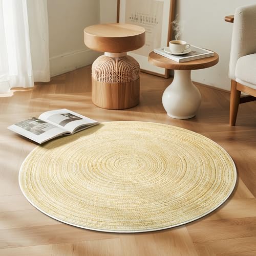Carvapet Washable 3ft Small Round Area Rug Faux Jute Circle | Smooth printed low pile skid-resistant accent floor mat ideal for bedroom, vanity, entryway, and pet corner decor - color: S-yellow, size: 3' (Round)