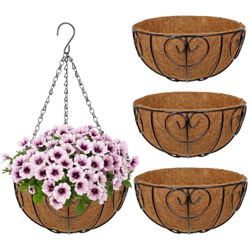 10 inch Metal Hanging Baskets for Plants Outdoor, 4 Pack Metal Wire Hanging Basket Planter with Coco Liner Flower Pots for Indoor Outdoor Garden Porch Patio, Heart-Shaped - size: 10" x 4 Pack, style: Heart