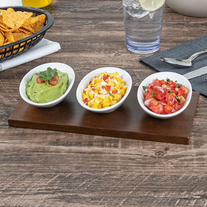 Restaurantware-9 Ounce Bowl Set with Tray - 1 Dishwashable Serving Set, Includes 3 Porcelain Bowls And 1 Bamboo Tray, Durable, White Porcelain And Bamboo Bowl And Platter Kit, Reusable, Freezable - size: Triple set, style: Ellipse