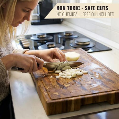 Teak Wood Cutting Board for Kitchen, End Grain Extra Thick Butcher Block | 16 x 10 Inch (ExtraThick 1.7") Professional Heavy Duty Hardwood Non Toxic Wooden Chopping Board (Oil & Plate Included) - color: Teak Wood, size: 15.7"L x 10.2"W