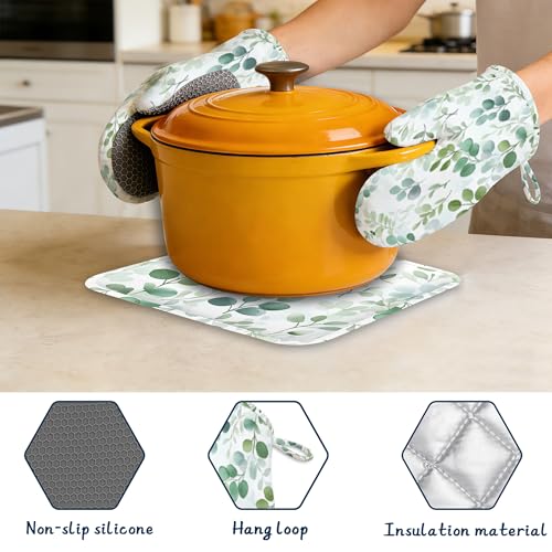 Eucalyptus Leaves Oven Mitts and Pot Holders Sets,Extra Long Watercolor Green Leaf Kitchen Mittens for Cooking,Thick Cotton Heat Resistant Silicone Cooking Utensils Set for Baking Cooking Grilling - color: Eucalyptus Leaves