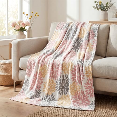 Horaldaily Dahlia Pinnata Floral Pink Grey Flannel Throw Blanket 60x80 | All Season Using Ultra Soft Fuzzy Plush Cozy Non-shedding Blanket for Couch Sofa Bed Camping, Ideal Gift for Kids Adults - color: Pink Yellow Grey, size: Twin(60x80”)