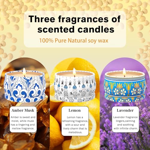 3 Pack Scented Candles Gift Set - Aromatherapy Candle for Home, Portable Hotel Small Candles, Natural Soy Wax Tin Jar for Yoga, Bath, 2.5 Oz Long Lasting Time Gift for Women