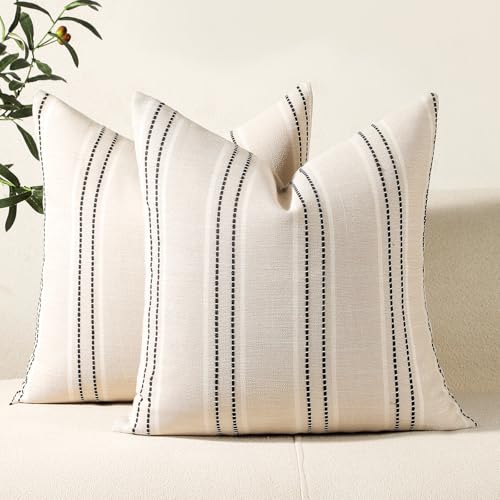 Hckot Hand Made Decorative Pillow Covers 18x18 Striped Throw Pillows Textured Linen Pillow Covers Farmhouse Decor Cushion Covers for Couch Bed Living Room, Black - color: Black, size: 18" x 18" (Pack of 2)