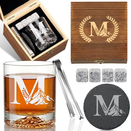 Personalized Whiskey Glass Gift Set for Men – Monogrammed Initial Rocks Glass with Slate Coaster, Wooden Box & Whiskey Stones, Birthday Father's Day for Him Dad Husband (M) - style: M