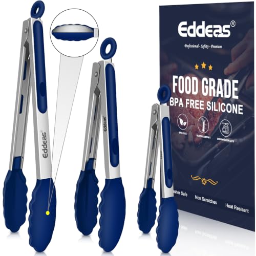 Tongs For Cooking - Kitchen Tong with Silicone Tip 7", 9", 12" Blue | 600°F Heat Resistant Silicone Tong, All Metal handle Locking Tongs with Silicone Tips, Heavy Duty Stainless steel - color: Blue Silicone 3PCS, size: 7+9+12 inch