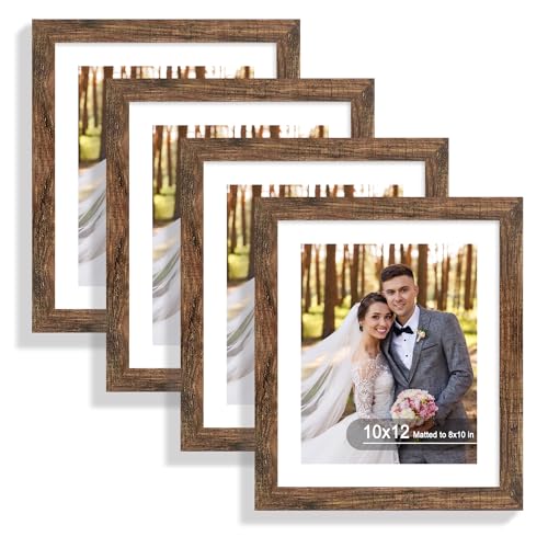 Hongkee 10x12 Picture Frame Set of 4, Made of Real Glass and Rustic Brown Frame - Display Picture 8x10 with Mat or 10x12 Without Mat, 10 by 12 Photo for Wall Mounting - color: Rustic Brown, size: 10x12 in