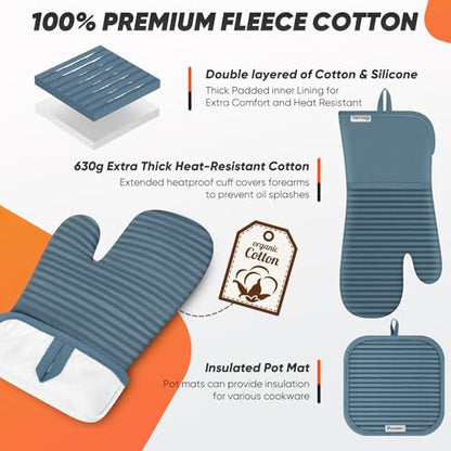 Oven Mitts Kitchen Towels and Dishcloths with Pot Holders Sets, Oven Gloves Hot Pads 500°F Heat Resistant with Silicone Grip, Include 2 Cooking Gloves/2 Potholders/4 Kitchen Towels/4 Dish Towels - color: Dusty Blue