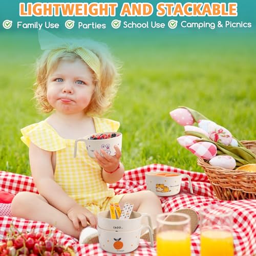 shopwithgreen Bamboo Kids Bowls Set, 4 Reusable Small Bowls for Baby Toddlers, Dinnerware Cereal Snack Soup Rice Bowl with 4 Spoons & Forks, Dishwasher Safe Bamboo Baby Food Bowls, BPA Free, 14.5 OZ