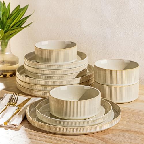 Ceramic Dinnerware Set for 4, 12-Piece Plates and Bowls Set | Lightweight Porcelain Dish Set, Scratch Resistant, Oven & Microwave & Dishwasher Safe, Cappuccino - color: Cappuccino, size: Set (12pcs)