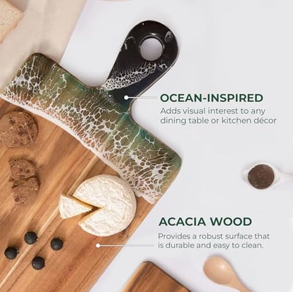 Acacia Wood Serving Board with Handle, 18.1" x 9.8", Dual-Sided Resin Art Tray for Display & Prep, Handcrafted Cutting Board, Includes Stand & Loofah, Christmas Housewarming Gift (Rectangular) - color: Rectangular Cutting Board, size: 18.1" x 9.8" x 0.7"