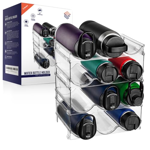 ClearSpace Water Bottle Organizer for Cabinet – Stackable Water Bottle Holder for Cabinet or Wine Rack for Home Organization Storage – Drink Organizer for Fridge, Kitchen Organization, 4 Pack | Stackable water bottle holder organizes bottles, drinks, and