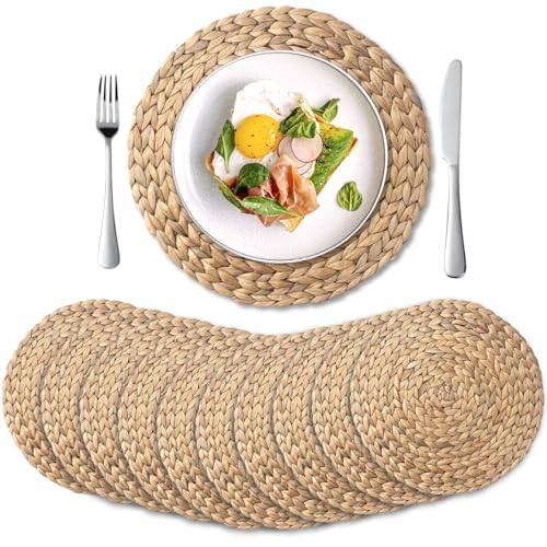10 Pack, Round Woven Placemats, Natural Water Hyacinth Place mats, Braided Straw Table Mats for Dining Table, Christmas Placemats (13.8 inch) - size: 13.8 inch (Set of 10)