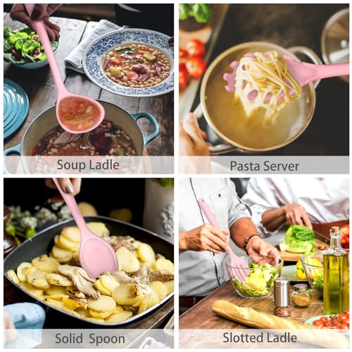 P&P CHEF Pink Kitchen Utensils, Silicone Cooking Utensil Set of 7 | Soft Spatula for Nonstick Cookware, Slotted Turner, Soup Ladle, Pasta Server, Spoon for Cooking, Dishwasher Safe & Heat Proof - color: Pink