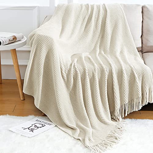 BLAGIC Knitted Throw Blanket for Couch Soft Farmhouse Boho Throw Blanket with Tassels Home Decorative Lightweight Throw Blankets, Throws for Bed/Chair/Sofa, Stripe Textured(Creamy White,50"W x 60"L) - color: J-creamy White, size: 50 × 60 in