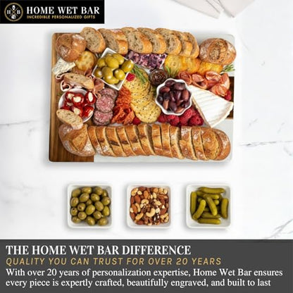 HomeWetBar Personalized Charcuterie Board Gift Set | Custom 15.75" x 11.75" White Marble & Acacia Wood Cheese Board with Serving Bowls | Perfect Housewarming + Wedding + Couples Gift Idea - style: Winslow White Marble Board + Serving Bowls