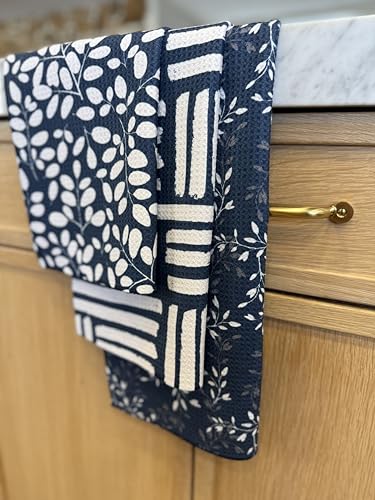 Kitchen Towels, Dish Towels for Kitchen, 3 Pc Kitchen Towel Set | Microfiber Waffle Towels, 16 x 26 inches, with Hanging Loops, Reusable Tea Towels, Cute Kitchen Towels - 3 Pack - color: Navy/Tan