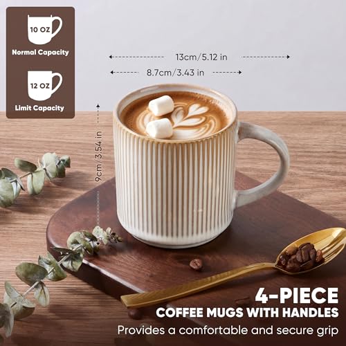 E-far Coffee Mugs Set of 4, 12 oz Stoneware Coffee Cups with Handle for Latte, Tea, Cocoa, Milk, Modern Ribbed Ceramic Mugs for Man Woman, Microwave & Dishwasher Safe, Creamy Beige - color: Creamy Beige