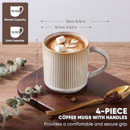 E-far Coffee Mugs Set of 4, 12 oz Stoneware Coffee Cups with Handle for Latte, Tea, Cocoa, Milk, Modern Ribbed Ceramic Mugs for Man Woman, Microwave & Dishwasher Safe, Creamy Beige - color: Creamy Beige