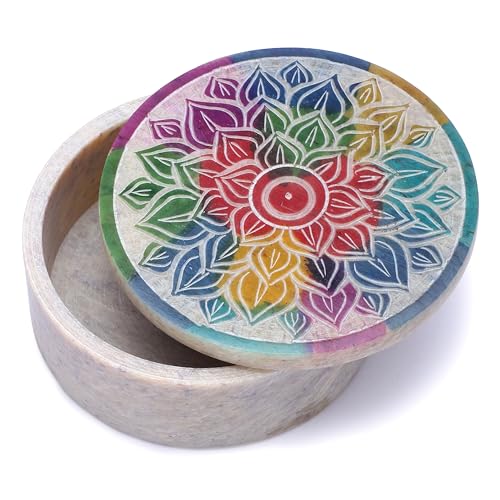 Ajuny Small Jewelry Box Handmade Marble Soapstone Mandala Trinket Holder | Handcarved Round Container for Rings, Keepsakes, Dresser Accent, Shelf Display, and Gifting 3 x 3 x 1.2 inch